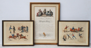 3 x framed 19th C works on Paper - Pair H Alken Colour Lithographs 'Symptoms' c1