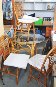 Bamboo Outdoor Table w Glass Top & Three Matching Bamboo Chairs