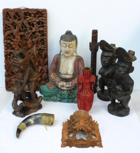 Group lot of Wooden Carvings mostly Eastern inc Ebony & Teak - Figures, Budd