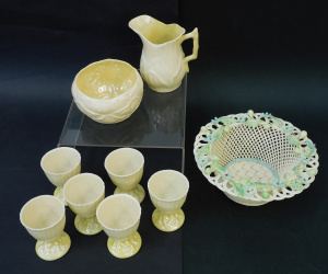 Group lot vintage Irish Belleek incl Forget me Not Pierced basket 15cm D, Creame