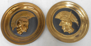 Pair Vintage English Brass Chargers featuring Roman Centurions - both marked 'En