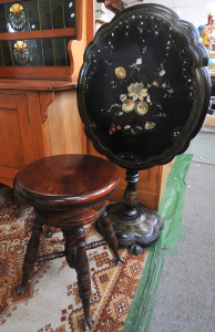 Lot 4 - 2 x pieces - Victorian Lacquer ware papier mache Tilt Top Side Table w H