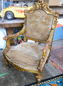 Lot 10 - Large 19th C ornate Louis XV style gilded carved wooden chair - needs T