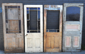 Lot 19 - 4 x Vintage Wooden Doors incl some with Coloured Glass Pieces - Largest