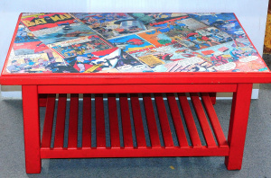 Lot 21 - Timber Painted Red Table with DC Superhero Decoupage Top AF Approx 94 c