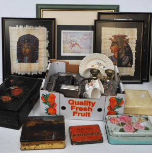 Lot 39 - Grp Lot of Framed May Gibbs Print, Mixed Tins, 3 x Framed Egyptian Styl