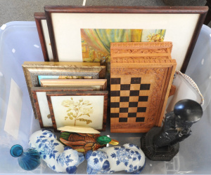 Lot 52 - Box lot of Mixed Goods incl Eastern Folding Chess Board & Pieces, A