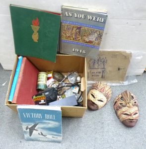 Lot 62 - Box lot of assorted items inc, masks, Nikon camera, belt buckles, bottl