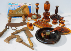 Lot 69 - Group lot vintage tools & mulga wood items inc English Record Smoot