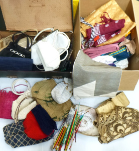 Lot 70 - 2 x Boxes of Ladies Items- suitcase with bags inc, 1940s, 50s, etc, kni