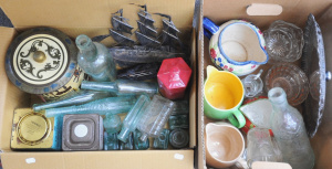 Lot 71 - 2 x Boxes Mixed vintage inc Bottles, Ceramic Jugs, Glassware, Tins, Met