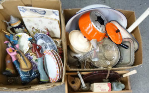 Lot 79 - 4 x Boxes - mostly Kitchenalia, and China inc, enamel Ware, Bakelite pl