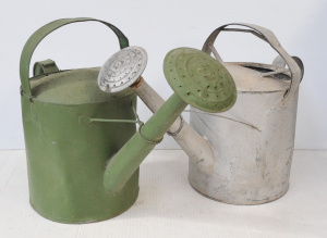 Lot 83 - 2 x Vintage Tin Watering Cans incl Green w S Stamped to base