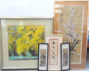 Lot 95 - Group lot - Framed Oriental Watercolours - Large Blossom Gouache on Sil