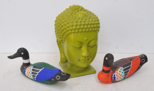 Lot 97 - Small lot - Bright Green bust of Buddha + Pair Carved & hand decora