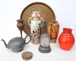 Lot 129 - Mixed Group lot inc large round Brass tray, Pedestal vase, Victorian T