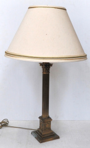 Lot 28 - Vintage Brass Column Table Lamp - cream shade with green & gilt tri