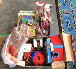 Lot 46 - 3 x Boxes of Mixed Kids Toys incl Wooden Toys, Kids Books, Dolls etc