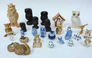 Lot 49 - Group lot Miniature Owl Figures inc Crystal, Ceramic Blue & White,