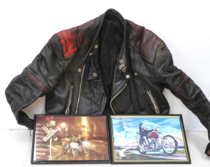 Lot 73 - Vintage Mens Leather Motorcycle Jacket & 2 x Framed Easy Rider Prin