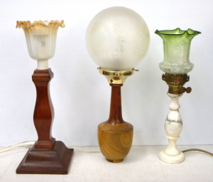 Lot 87 - 3 x Vintage Lamps - incl Wooden, Alabaster, Turned, w various shades