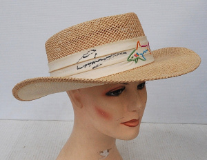 Lot 201 - Signed Greg Norman Straw 'Shark' wide brimmed Golf Hat - larger size,