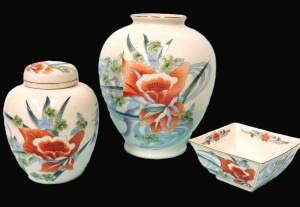 Lot 209 - 3 Piece Porcelain Takahashi Set of Floral Design inc Ginger Jar with L