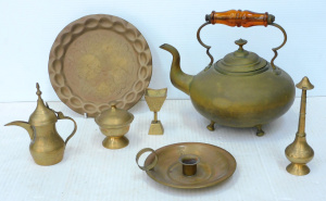 Lot 217 - Group lot of Brass inc footed kettle, Chamberstick, Small Tray, Lidded