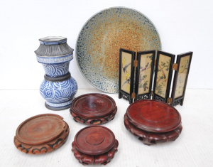 Lot 218 - Group lot - Vintage Oriental items - Carved Wooden Stands, unusual Pag