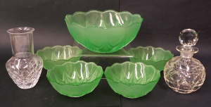 Lot 226 - Group lot of Glass inc Vintage 5 pce Depression frosted green dessert