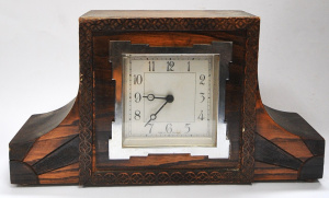 Lot 237 - Vintage c1930s small Art Deco wooden Cased mantle Clock - replaced Bat