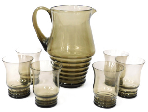 Lot 240 - Vintage 7 Piece Smoked Glass Drink Set with Ribbed Design