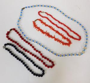 Lot 253 - 5 x Necklaces inc 2 x Coral ,red Chinese lacquerware beads, dark blue