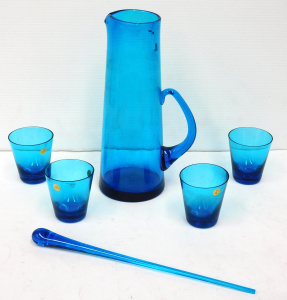 Lot 280 - Retro Polish 5 Piece, Blue Glass Drink Set Jug About 275 cm in Height