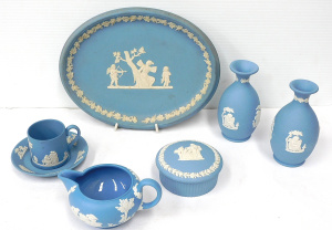 Lot 282 - Group lot of Vintage Wedgwood Pale Blue Jasperware inc Pair Bud Vases