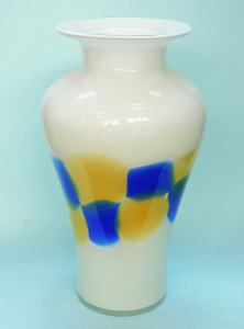 Lot 295 - Art Glass Vase - White with flared rim & central blue & mustar