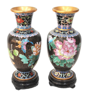 Lot 317 - Pair of Vintage Chinese Cloisonne Vases on Carved Wooden Stand, About