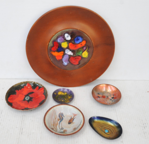 Lot 7 - 6 Pces Mid Century Australian Enamelled items incl Wooden with Enamelle