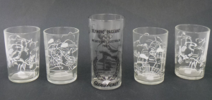 Lot 32 - 5 x Vintage Enamelled Glasses - incl 1956 Melbourne Olympic Pageant Gla