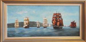 Lot 79 - Charles Bock (1934 - ) Framed Oil Painting - 1st Fleet Re-enactment, Po