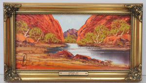 Lot 87 - Henk Guth (1921 - 2003) small Gilt Framed Oil Painting - Simpsons Gap -