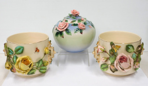 Lot 20 - 3 pces vintage China with applied flowers inc Victorian Pair of Twin Ha