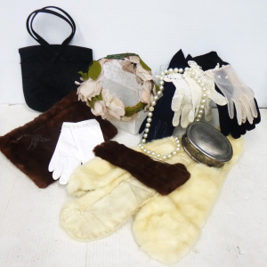 Lot 49 - Box lot of vintage ladies accessories inc Hat, Evening bag, Gloves Croc