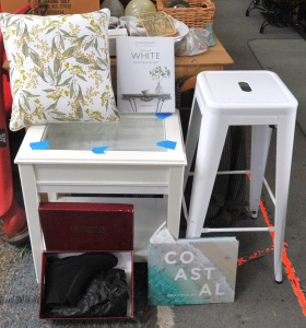 Lot 69 - Lot of Assorted Items incl White Painted Glass Top Table, Pair of Munro