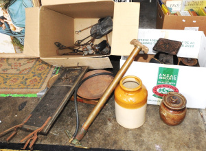 Lot 92 - 2 x Boxes incl Vintage Stirrup Pump, Ceramic Canisters, Kitchen Scales