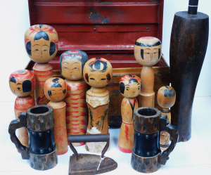 Lot 97 - Tin Trunk plus Contents inc Japanese Kokeshi Dolls etc