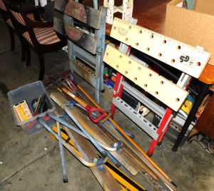 Lot 103 - Group Lot of Tools inc 2 Foldable Workbenches, Sawhorses, Hand tools i