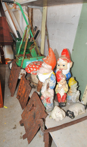 Lot 108 - Group Lot of Assorted Garden Tools & Ornaments incl Painted Concre