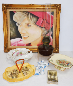 Lot 126 - Box lot plus inc Aladdin Oil Lamp with chimney, china, Framed Princess