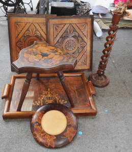 Lot 131 - Group 1930s Wooden items inc Tripod Pokerwork small table, Tray, Carve